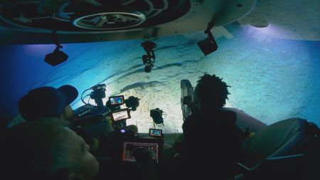 Matt Smukall and Zoleka Filander look at one of the 100m towering pinnacles surrounding Bimini. (National Geographic)