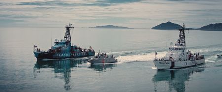 Sea Shepherd vessels and an interceptor ship of the Mexican navy search for poaching vessels north of San Felipe - Sea of Cortez. (photo credit: National Geographic)