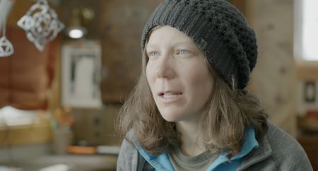 Sarah McNair-Landry being interviewed by Jimmy Chin.  (photo credit: National Geographic /Ross McDonnell)