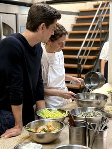 Antoni Porowski meets with chef and restaurant owner Elena Reygadas at Restaurante Rosetta. (National Geographic/Kate Hardie-Buckley)