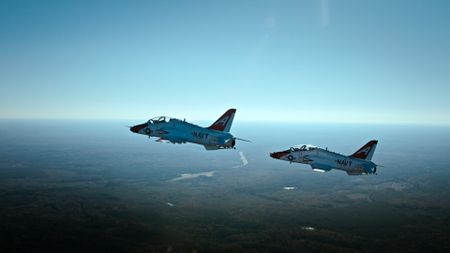 Student LTJG Andrew Seepe flies in close formation during a dogfighting test. (Credit: National Geographic/Michael Fitzmaurice)