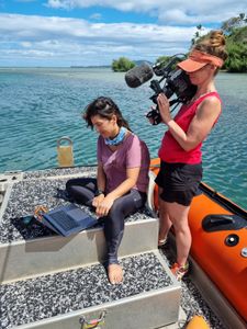 Ruth Davies films Safety Diver and Camera Operator Kim Jeffries. (National Geographic for Disney/Rory Dormer)