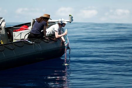 Melissa Marquez leans over the side of the Zodiac watching Rui Prieto as he holds the pole in the water. (National Geographic/Mario Tadinac)