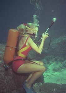 Profile of Valerie Taylor scuba diving and holding a spear gun, 1961. (photo credit: Ron & Valerie Taylor)