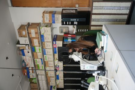 University College London geoarchaeologist Anke Marsh examines a fresh sample in the lab. (Windfall Films/Josh Rowley)
