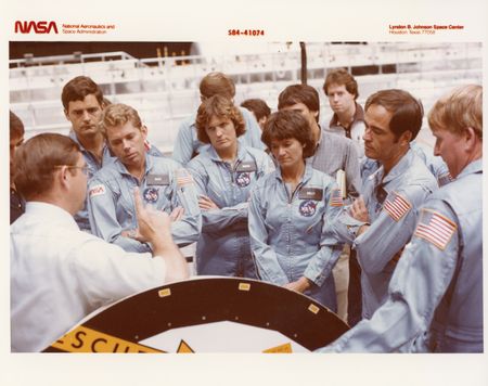 Astronaut Sally Ride and fellow astronauts, including Kathy Sullivan and Bob Crippen, during training at NASA Johnson Space Center in 1984. (Credit: NASA)