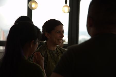 Chef Debbie Fadul sits with members of her team at her restaurant, Diac·, in Guatemala City, Guatemala. (National Geographic/Adnelly Marichal)