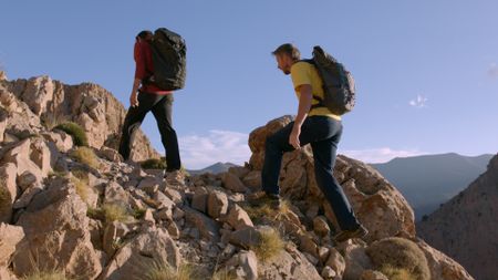 Alex Honnold and Tommy Caldwell hike in the Atlas Mountains.  (photo credit: National Geographic)