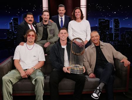 TOP: GUILLERMO RODRIGUEZ, BLAKE SNELL, JIMMY KIMMEL, TYLER GLASNOWBOTTOM: ENRIQUE HERNÁNDEZ, WILL SMITH, DAVE ROBERTS