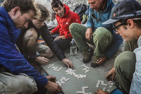 The crew is never too tired for a game of bananagrams. Played at the top of Freerider on the summit of El Capitan in Yosemite National Park.