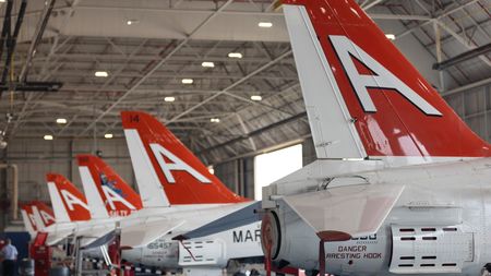 T-45 tails in the hangar. (National Geographic/Freddie Claire)