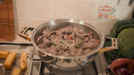 TUCCI IN ITALY - “Veneto” - A pot simmering with horsemeat stew—tender chunks of meat, wine and aromatic herbs. (National Geographic)TUCCI IN ITALY