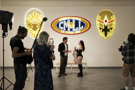 Behind-the-scenes as Antoni Porowski meets with Lucha Libre wrestler Persephone. (National Geographic/Amy Browning)