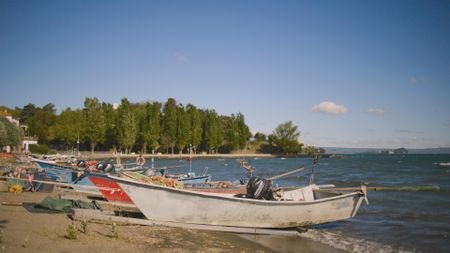 Boats are moored on the shores of Lake Bolsena, nestled among trees, on a sunny yet windy day. (credit: National Geographic)