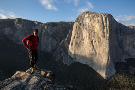 Alex Honnold atop Lower Cathedral withþEl Capitan in the background,þYosemite National Park, CA.  (National Geographic/Samuel Crossley)
