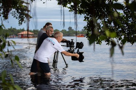 Director and DOP Adam Geiger operates a jib arm with Producer / Camera operator, Rory McGuinness, and Camera Assistant, Woody Spark.   (National Geographic for Disney/Annabel Robinson)