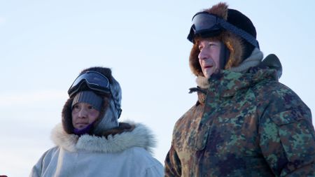 Agnes and Chip Hailstone pursue a caribou herd on a hunt for subsistence meat. (BBC Studios/ Pedro Delbrey)