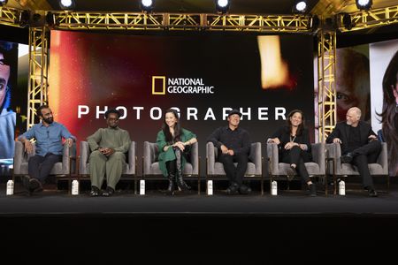2024 TCA WINTER PRESS TOUR - Anand Varma, Campbell Addy, Chai Vasarhelyi, Jimmy Chin, Cristina Costantini, and Paul Nicklen from the “Photographer” panel at the National Geographic presentation during the 2024 TCA Winter Press Tour at the Langham Huntington on February 8, 2024 in Pasadena, California. (National Geographic/PictureGroup)
