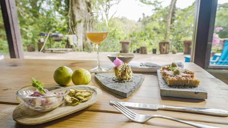 A glass of wine accompanies vegan chayote ceviche and other dishes served at Chef Rolando Chamorro's restaurant at Hacienda Mamecillo, Boquete, Panama. (National Geographic for Disney/Missy Bania)