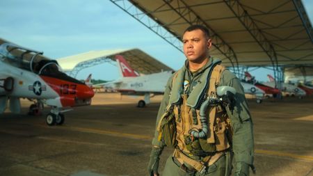 Student Captain Micah Nissly returns after a dogfighting test. (Credit: National Geographic)