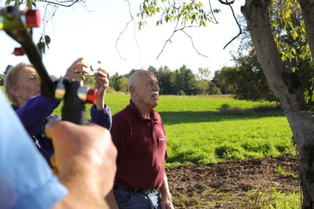 Diane Pol takes photos of the old barn takedown while Dr. Pol watches and a crew member films. (National Geographic)