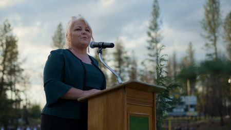 Paradise, CA - Michelle John addresses Paradise High School students during graduation after the Camp Fire. (Credit: National Geographic)