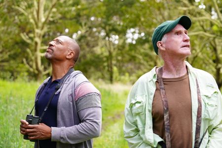Christian Cooper and Steve Kendall listen for honeycreepers at Hakalau Forest National Wildlife Refuge. (National Geographic for Disney/Troy Christopher)