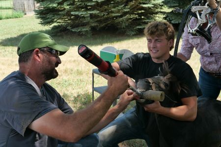 Dr. Ben Schroeder and his son, Charlie Schroeder, smile while working together during a dental procedure on Magnum, a miniature horse. Dr. Erin Schroeder holds up an equine mouth speculum. (National Geographic)