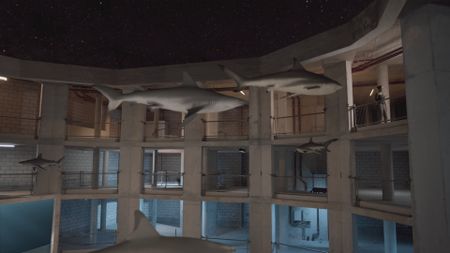 Various species of GFX sharks swimming around the shark studio lab. (National Geographic)