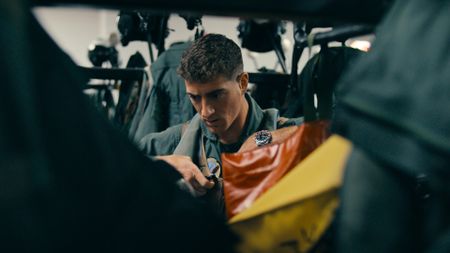Student 1st Lt Austin Claggett in the paraloft getting ready for his dogfighting test. (Credit: National Geographic)