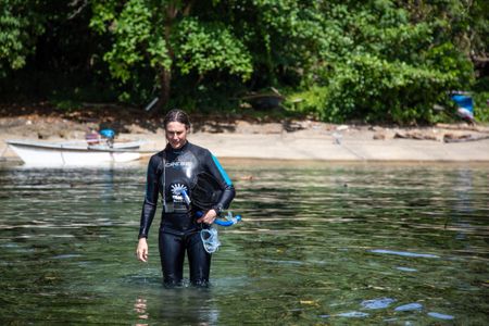 Octopus researcher, Dr. Crissy Huffard, heading out on a scouting snorkel for Algae octopus (Abdopus aculeatus) in Bunaken Marine Park.  (photo credit: National Geographic/Annabel Robinson)