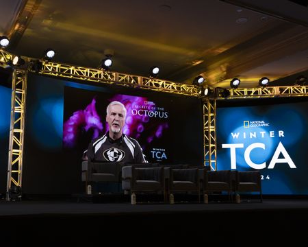 2024 TCA WINTER PRESS TOUR  - James Cameron from the “Virtual Q&A with James Cameron” panel at the National Geographic presentation during the 2024 TCA Winter Press Tour at the Langham Huntington on February 8, 2024 in Pasadena, California. (National Geographic/PictureGroup)