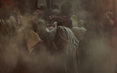 The remaining citizens of Herculaneum rush into the boat sheds, seeking safety from the oncoming pyroclastic surge. (National Geographic/Darrin Zammit Lupi)