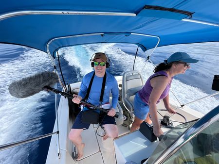 Assistant Producer Rory Dormer and Humpback whale researcher Rachel Cartwright. (National Geographic for Disney/Ruth Davies)