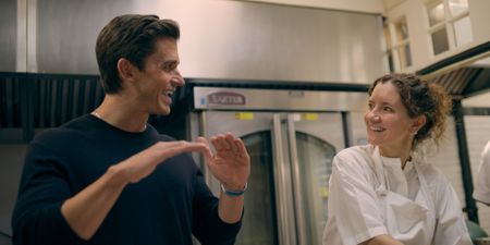 Antoni Porowski chats with Chef Elena in the kitchen at Rosetta. (National Geographic)