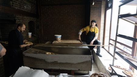 Master Baker Sami Eryılmaz and his assistants make Ramadan Pide at his Tophane Tarihi Tas Firin bakery in Istanbul. The traditional bread is consumed to break the fast during the month-long holiday. (National Geographic/Madeline Turrini)