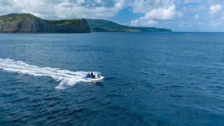 The crew out on the rib in search of bait balls.  (credit: National Geographic/Bertie Gregory)