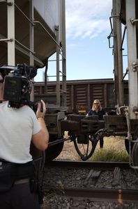 The crew films Mariana van Zeller between trains in Culiacán, Mexico. (National Geographic)