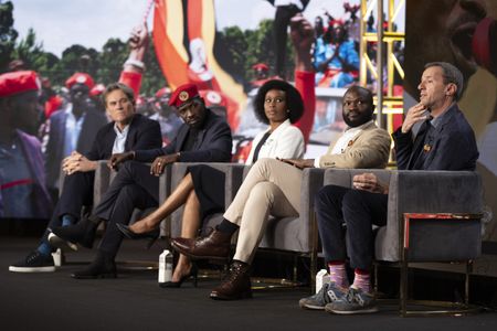 2024 TCA WINTER PRESS TOUR  - Christopher Sharp, Bobi Wine, Barbie Kyagulanyi, Moses Bwayo and John Battsek from the “Bobi Wine: The People’s President” panel at the National Geographic presentation during the 2024 TCA Winter Press Tour at the Langham Huntington on February 8, 2024 in Pasadena, California. (National Geographic/PictureGroup)