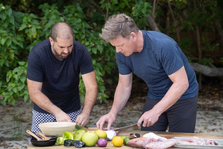 Puerto Rico - Gordon Ramsay (R) and chef, José Enrique, prepare lunch with fresh, local ingredients in Culebra, Puerto Rico. (Credit: National Geographic/Justin Mandel)