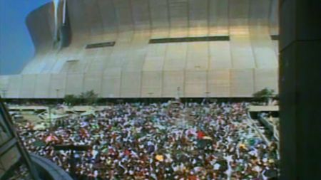 A crowd of stranded New Orleans residents are gathered outside of the Superdome following Hurricane Katrina in 2005. (ABC  News)