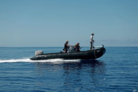 Aldo Kane, cameraman Jamie Holland, Melissa Marquez, and Rui Prieto cruise on the Zodiac. (National Geographic/Mario Tadinac)