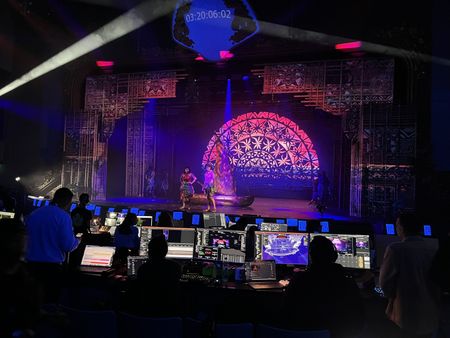 Cast and crew rehearse "Disney The Tale of Moana," the new stage production on the Disney Treasure.  (credit: National Geographic/Jenn Brehm)