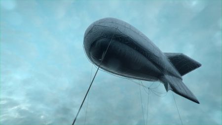 A barrage balloon has been raised over the beach in a scene of a WW2 historic reenactment production for "Erased: WW2's Heroes of Color." (National Geographic)