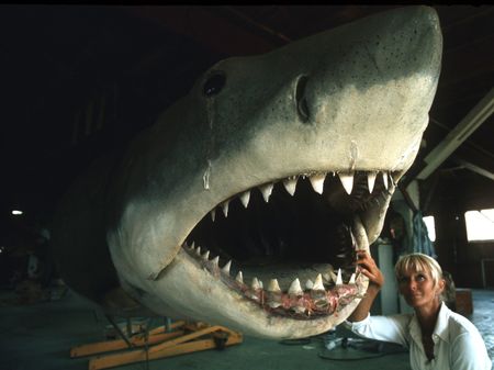 Valerie Taylor on the Jaws film set standing next to a shark prop in 1974. (photo credit: Ron & Valerie Taylor)