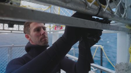 Charlie Huveneers attaching camera equipment onto the dive cage to prepare for the cage dive with the Great White shark. (National Geographic/Jonathan Shaw)