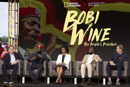 2024 TCA WINTER PRESS TOUR  - Christopher Sharp, Bobi Wine, Barbie Kyagulanyi, Moses Bwayo and John Battsek from the “Bobi Wine: The People’s President” panel at the National Geographic presentation during the 2024 TCA Winter Press Tour at the Langham Huntington on February 8, 2024 in Pasadena, California. (National Geographic/PictureGroup)