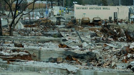 Paradise, CA - Piles of debris from burned buildings  close to an antique mall in Paradise, CA. (Credit: National Geographic)