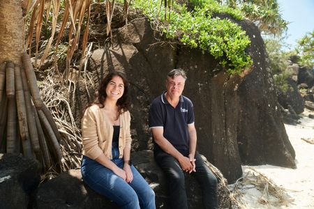 360 team member Melissa Cristina Márquez and shark expert Daryl McPhee discussing whale migration in Ballina. (National Geographic/Justine Kerrigan)