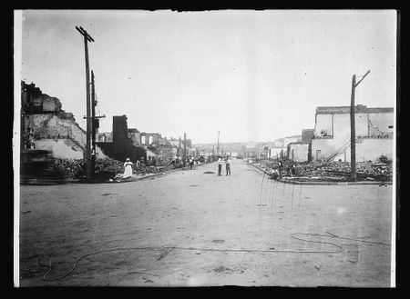 An archival image shows some of the destruction caused during the 1921 Tulsa Race Massacre. (Library of Congress)